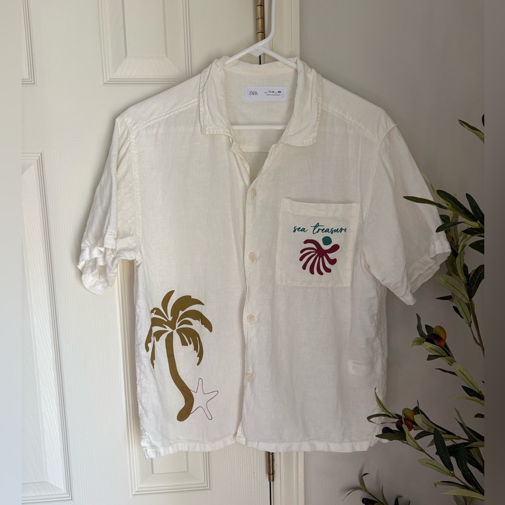Zara White Casual Shirt with Palm Tree Design